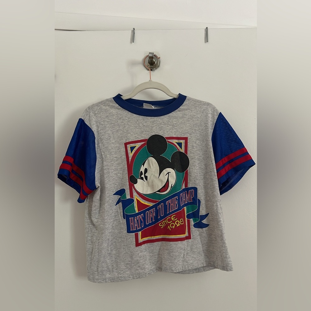 Vintage Disney Grey Tee with Blue Sleeve Accents and Mickey Graphic